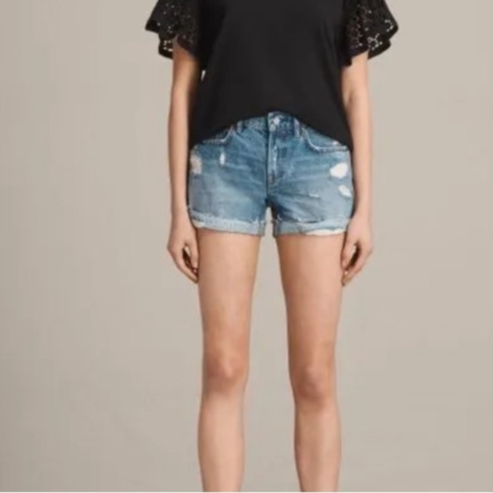 All Saints Distressed Blue Denim Cut Off Shorts Size 25